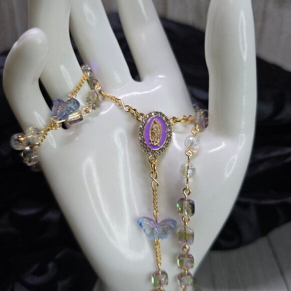 Handcrafted Whimsical Iridescent Butterfly Purple and Gold Rosary Christmas Gift - Picture 2 of 11
